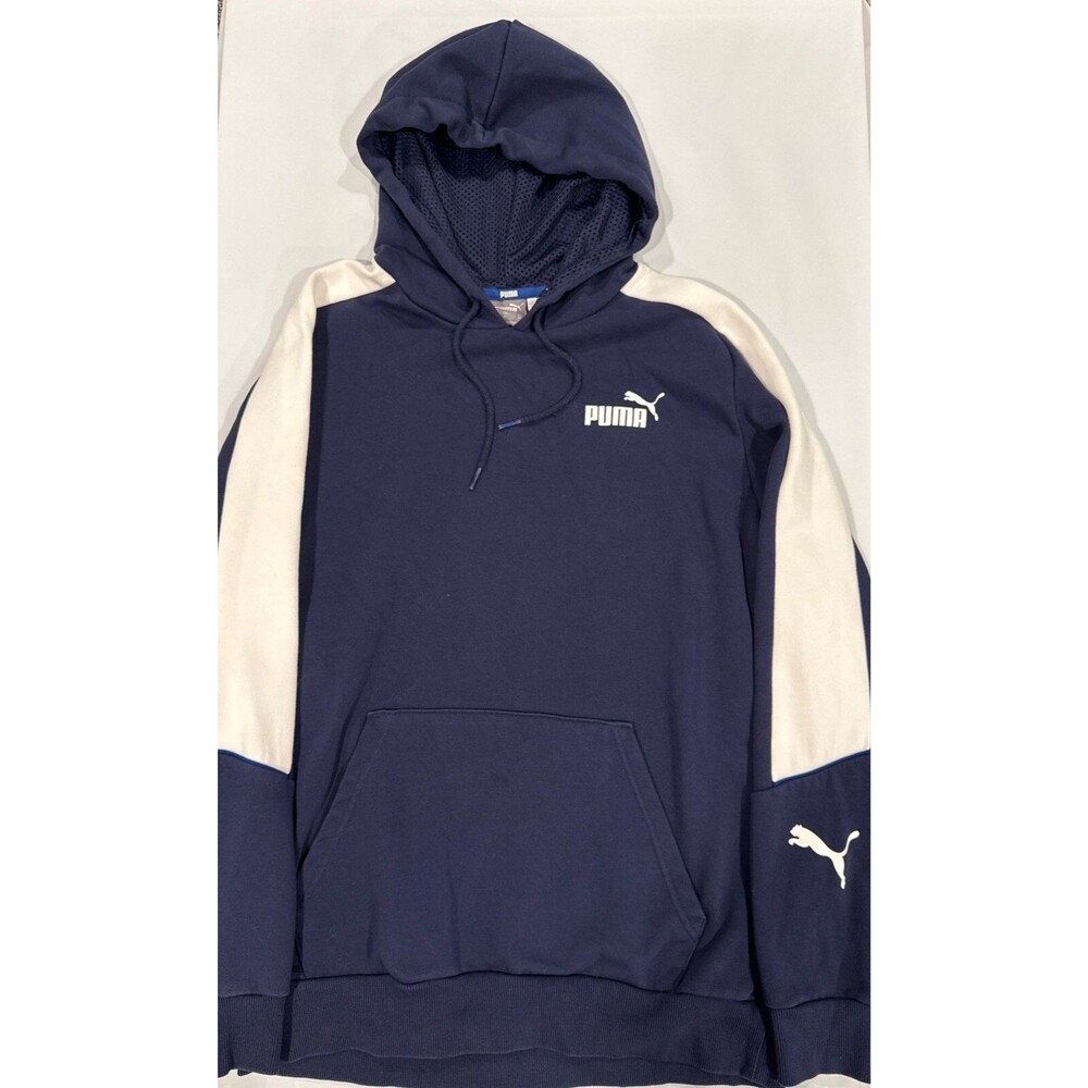 Puma Hoodie Mens Blue White Spell Out Pullover Adult Sweatshirt (Medium)